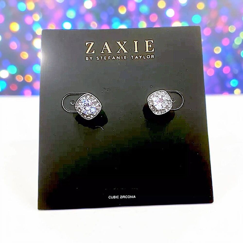 Zaxie by Stefanie Taylor Cushion Cut CZ Halo Stud Earrings New With Tags RV $36